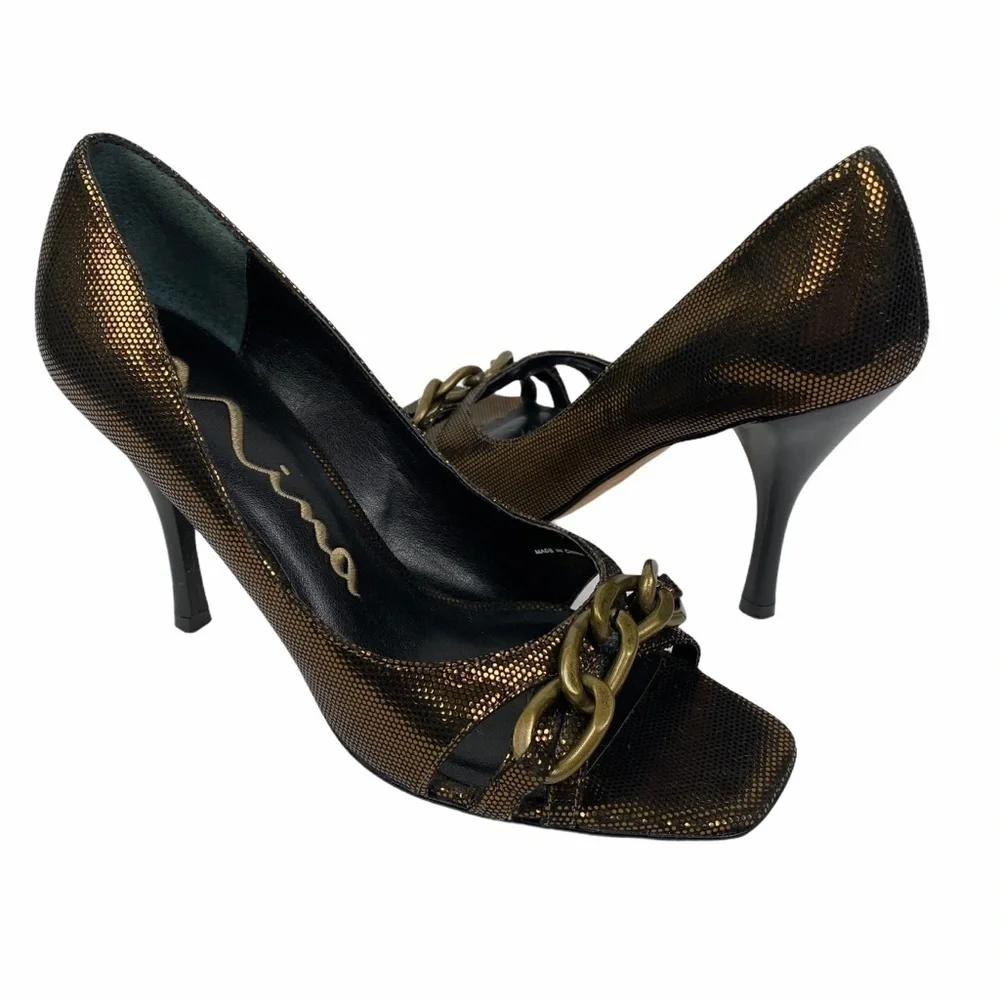 Nina Bronze Chain Link Leather Sole Stiletto Heels Women's‎ Size 7 Open Toe